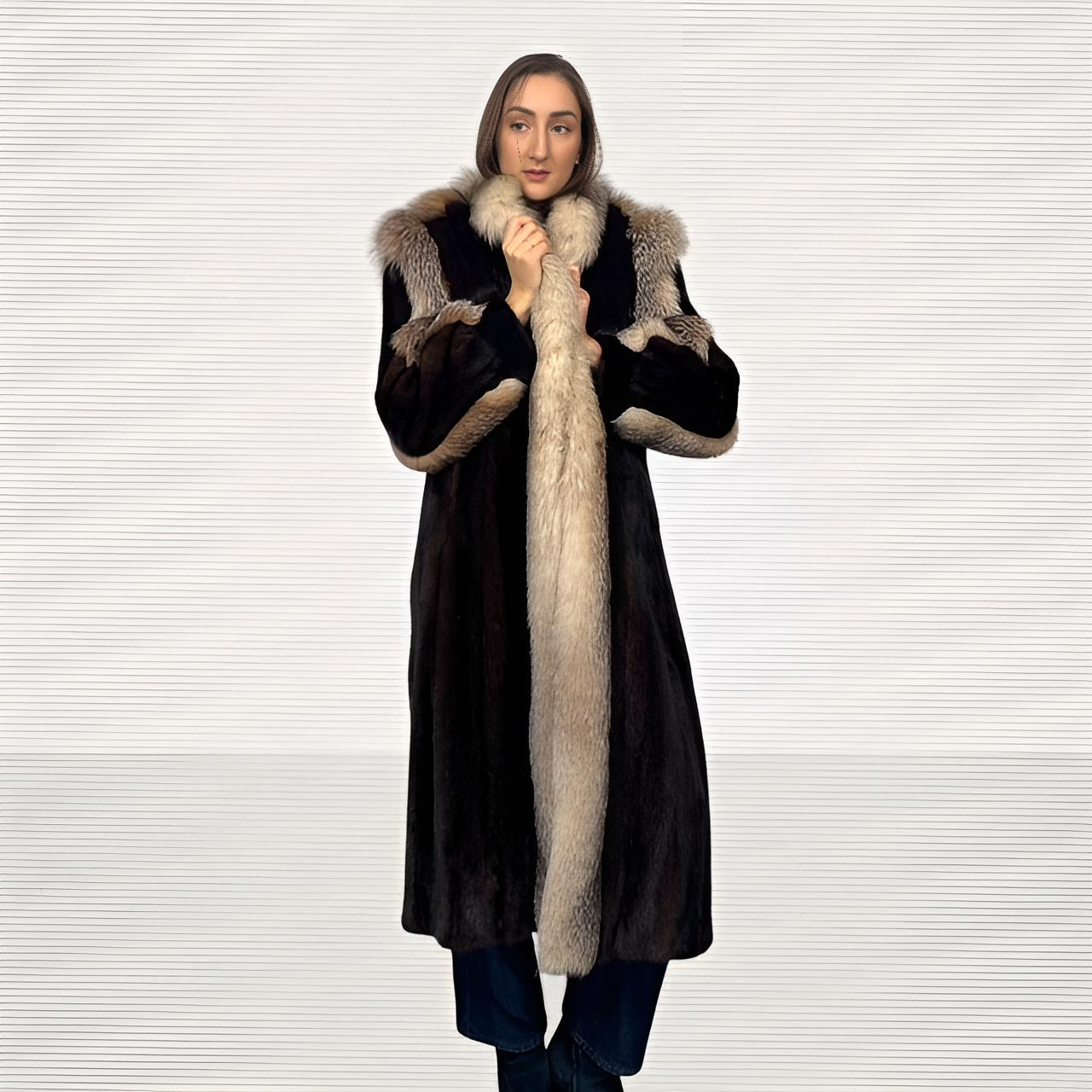 Mahogany Mink Coat with Crystal Fox Trim - Detachable Hood