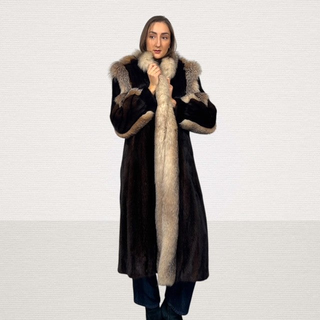 Mahogany Mink Coat with Crystal Fox Trim - Detachable Hood