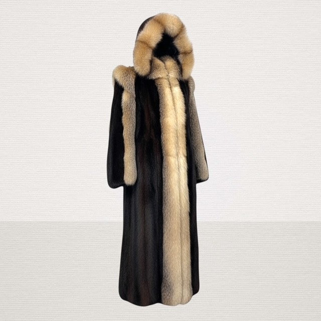 Mahogany Mink Coat with Crystal Fox Trim - Detachable Hood