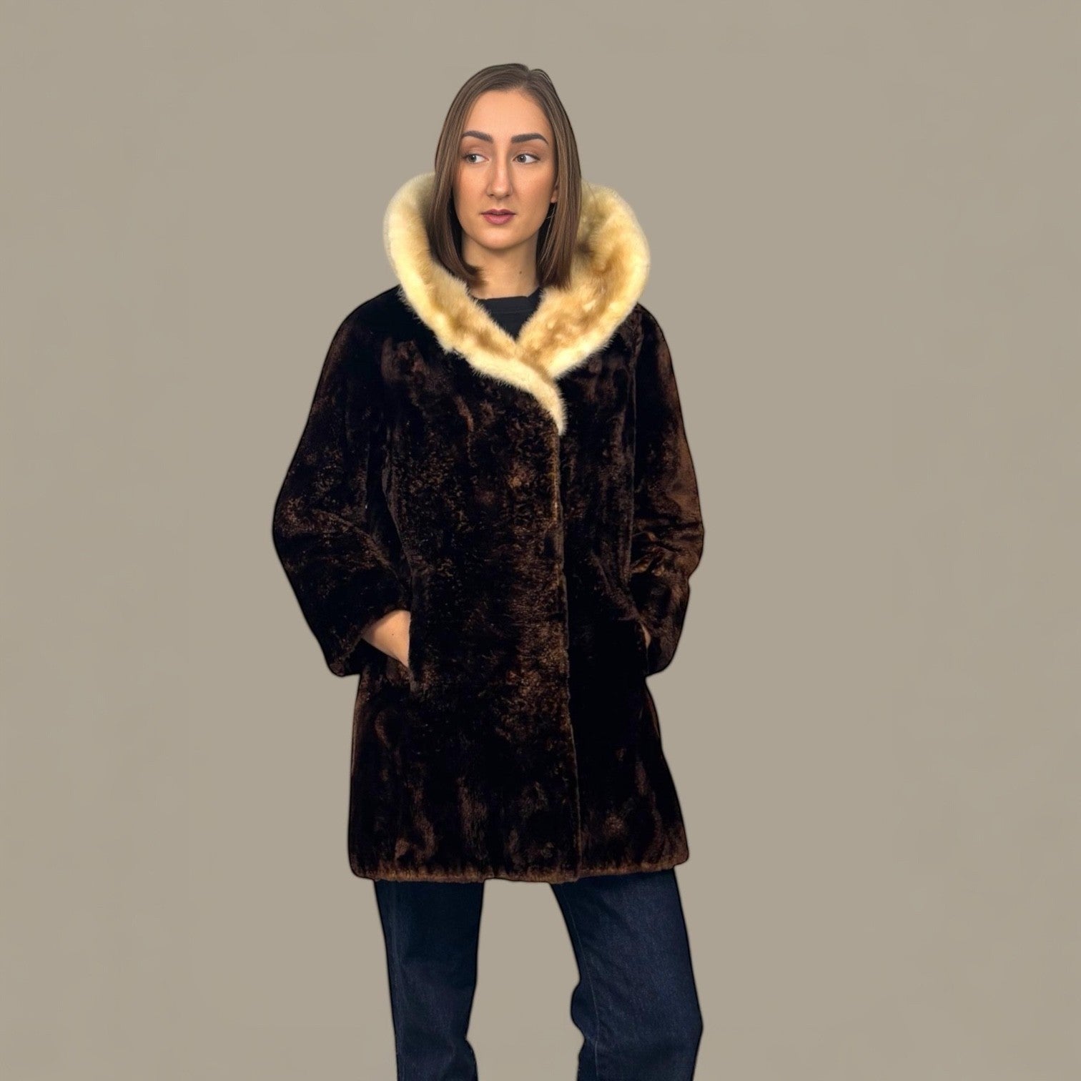 Brown Alaska Seal Fur Jacket Mink Collar