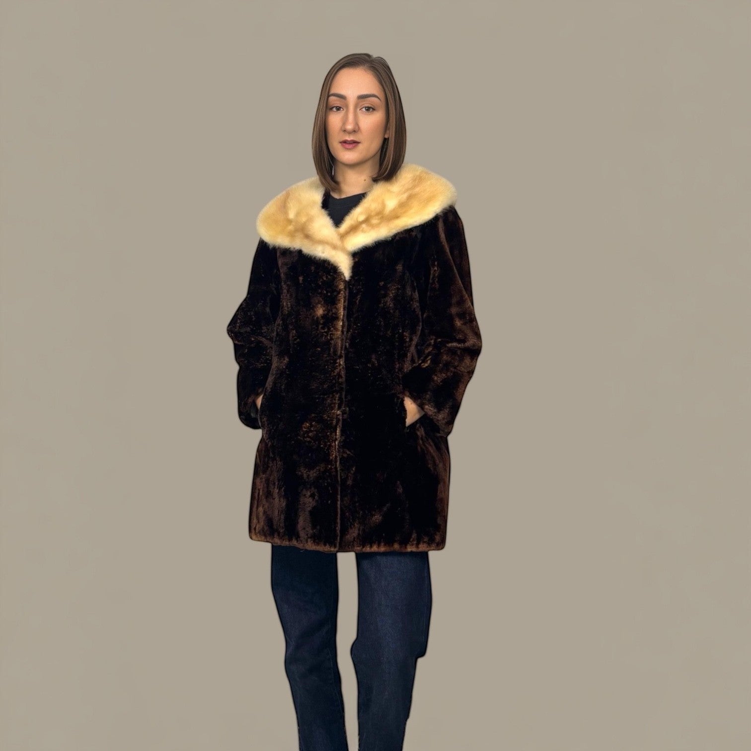 Brown Alaska Seal Fur Jacket Mink Collar