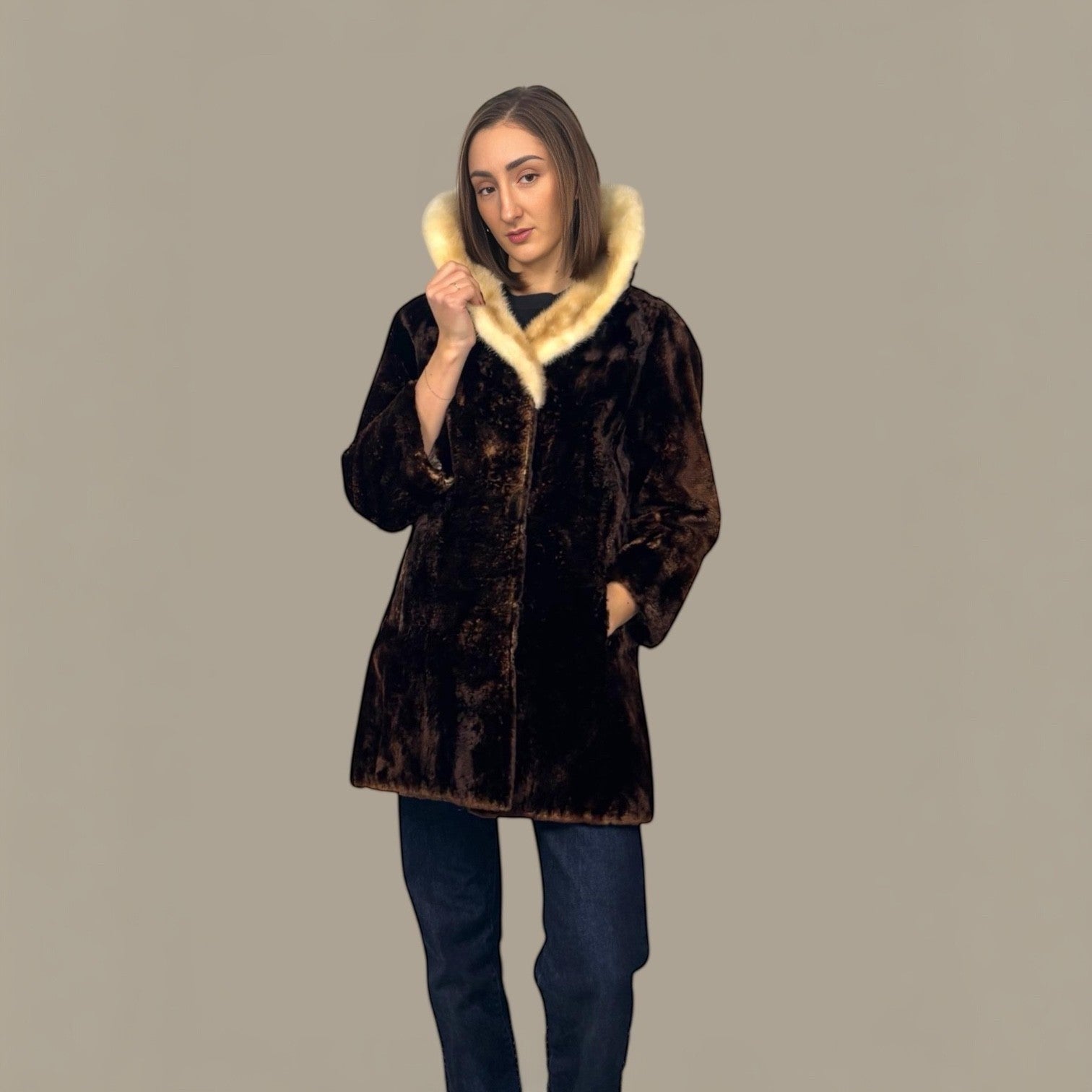 Brown Alaska Seal Fur Jacket Mink Collar